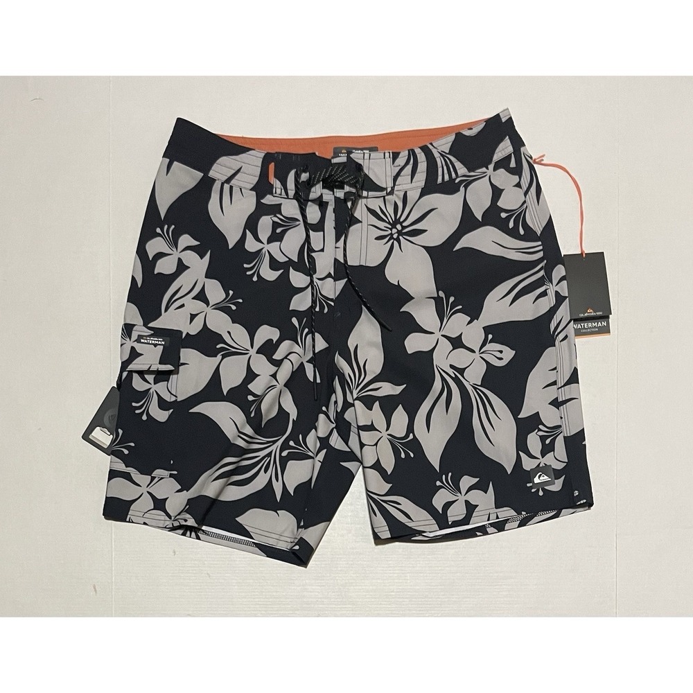 NWT Quiksilver Waterman Boardshorts Floral Black Gray Size 31 w/ Bottle Opener